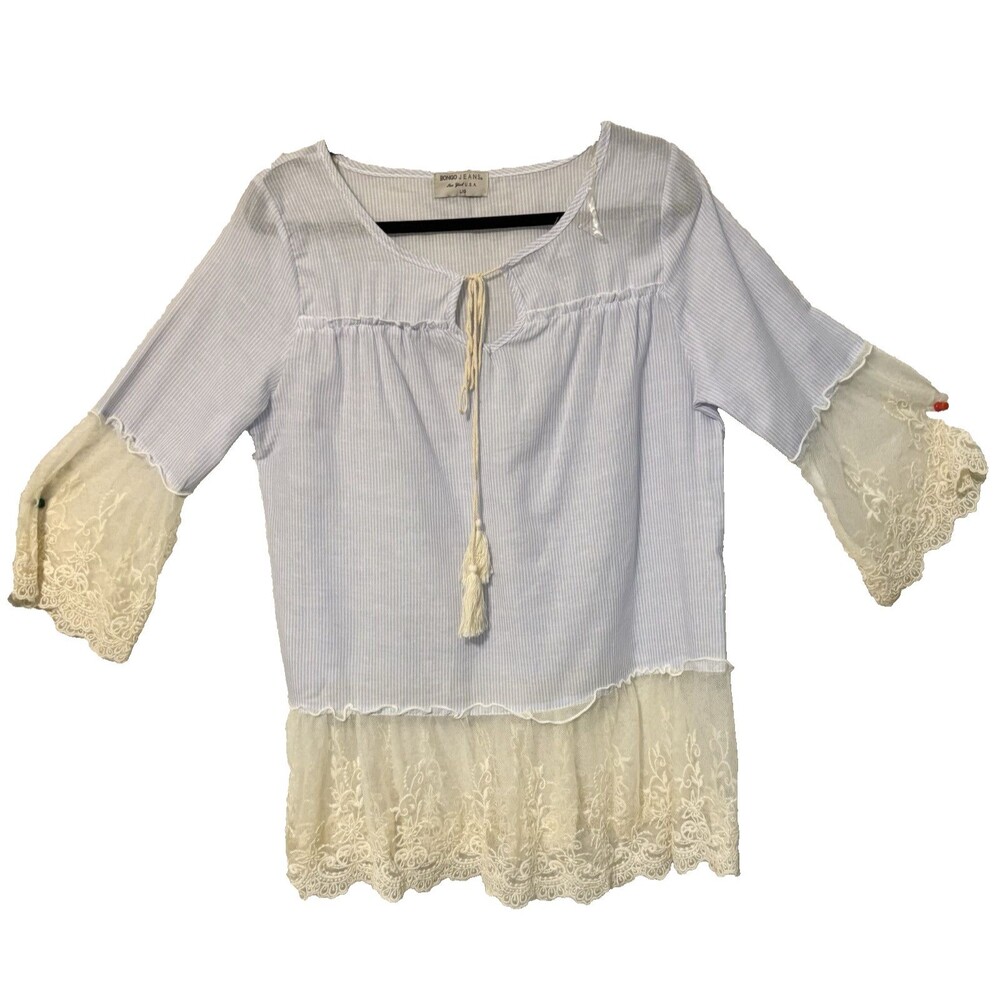 Bongo Women's Scoop Neck Top Lace Hem/Sleeves Size L 3/4 Sleeve